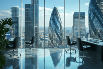 Modern commercial office space in the UK with sleek design, panoramic city views, and natural light.