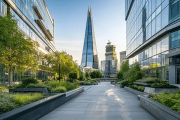 Modern business district in London with The Shard skyscraper