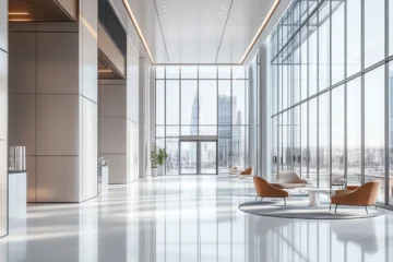 Modern office building lobby with floor-to-ceiling windows, stylish seating, and a view of The Shard in London