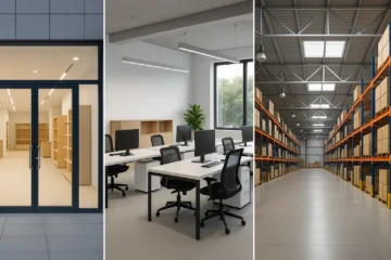 Collage of retail storefront, modern office interior, and spacious warehouse with shelving, all under natural lighting and clean surroundings