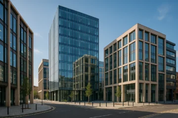 Modern commercial office buildings in regional UK cities like Manchester, Birmingham, Leeds, or Bristol, under daylight with clean urban surroundings